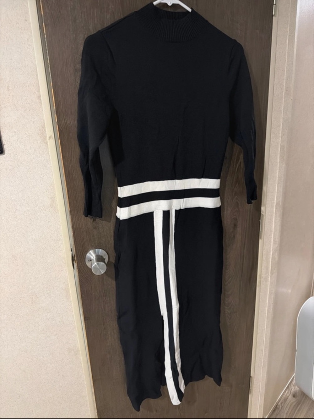 eva mendes for New York & Company Black Knit Maxi Dress with White Stripe Detail
